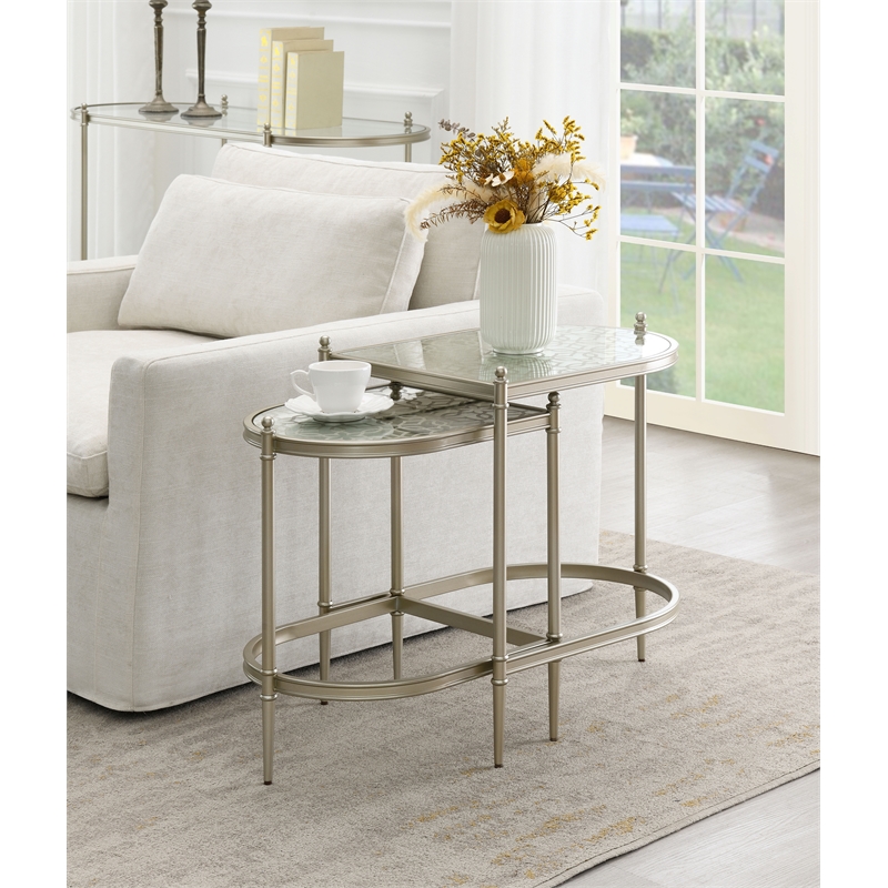 Bowery Hill Oval Metal Nesting Tables with Tempered Glass in Silver Clear