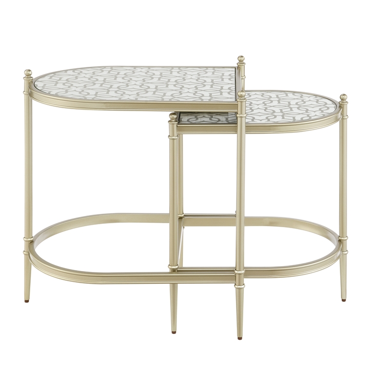 Bowery Hill Oval Metal Nesting Tables with Tempered Glass in Silver Clear