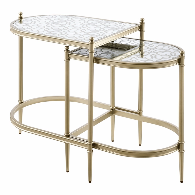 Bowery Hill Oval Metal Nesting Tables with Tempered Glass in Silver Clear