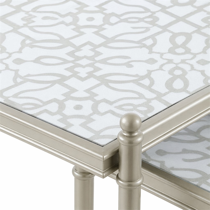 Bowery Hill Oval Metal Nesting Tables with Tempered Glass in Silver Clear