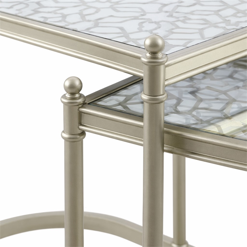 Bowery Hill Oval Metal Nesting Tables with Tempered Glass in Silver Clear