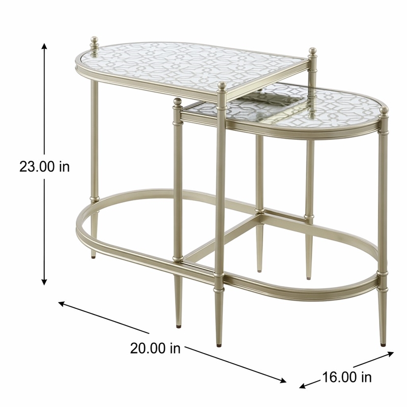 Bowery Hill Oval Metal Nesting Tables with Tempered Glass in Silver Clear