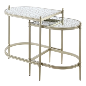 Bowery Hill Oval Metal Nesting Tables with Tempered Glass in Silver Clear