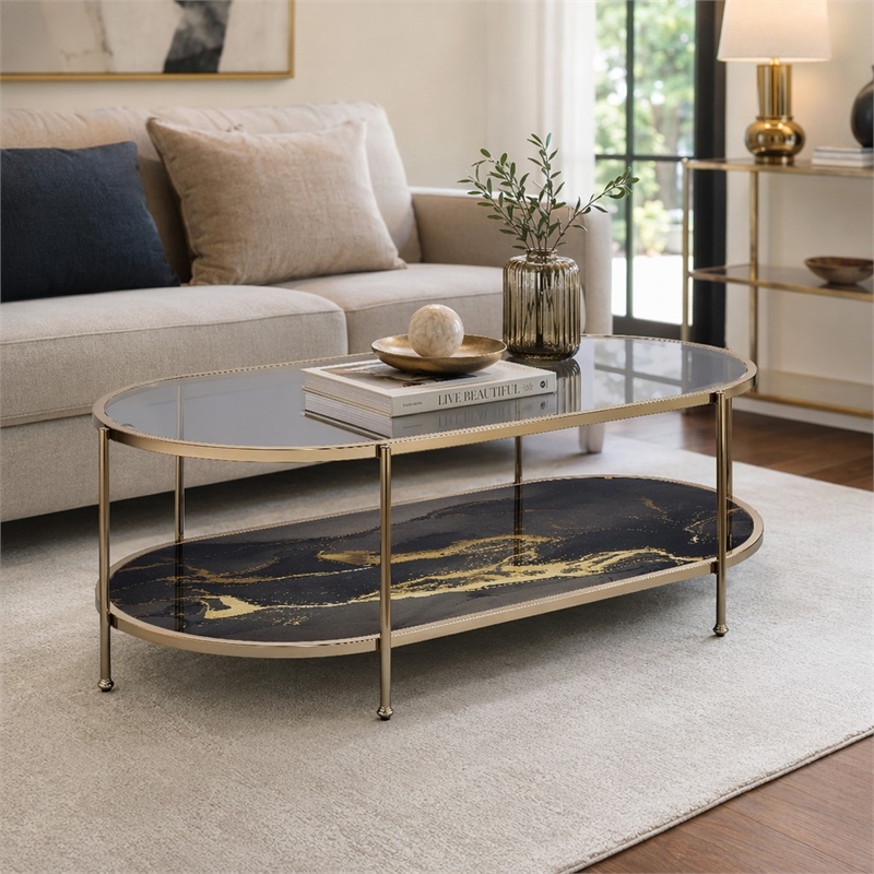Bowery Hill Coffee Table with Tempered Glass Top and Black Marble Shelf