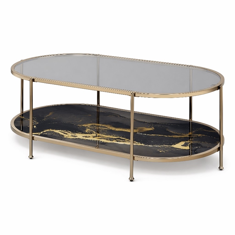 Bowery Hill Coffee Table with Tempered Glass Top and Black Marble Shelf