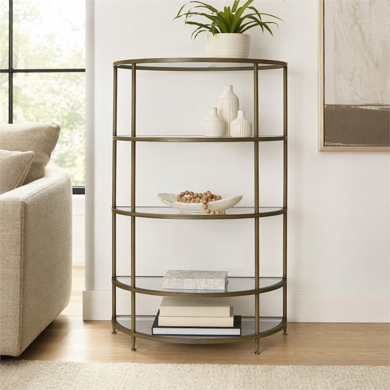 Bowery Hill Contemporary Metal Rack with Mirrored Shelves in Antique Brass