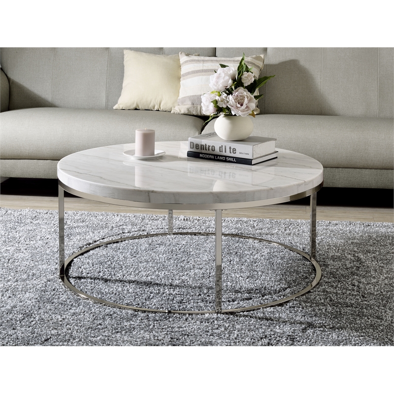Bowery Hill Round Metal Coffee Table with Marble Top in Nickel