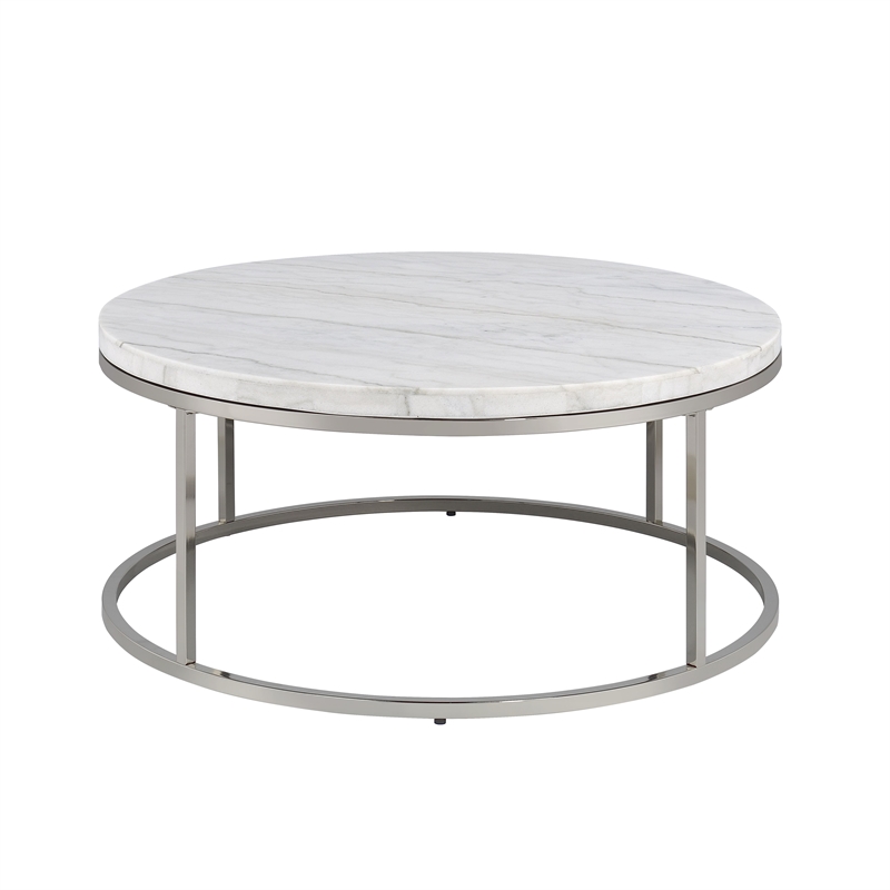 Bowery Hill Round Metal Coffee Table with Marble Top in Nickel