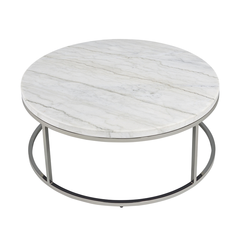 Bowery Hill Round Metal Coffee Table with Marble Top in Nickel
