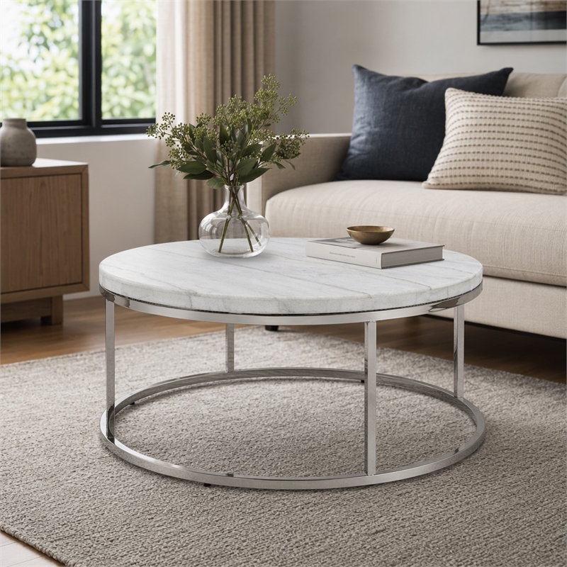 Bowery Hill Round Metal Coffee Table with Marble Top in Nickel