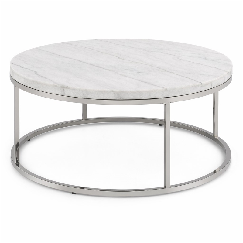 Bowery Hill Round Metal Coffee Table with Marble Top in Nickel