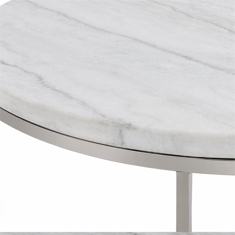 Bowery Hill Round Metal Coffee Table with Marble Top in Nickel