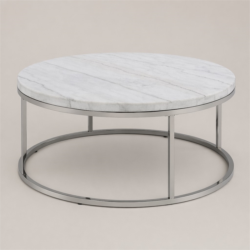 Bowery Hill Round Metal Coffee Table with Marble Top in Nickel