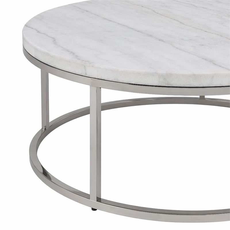 Bowery Hill Round Metal Coffee Table with Marble Top in Nickel