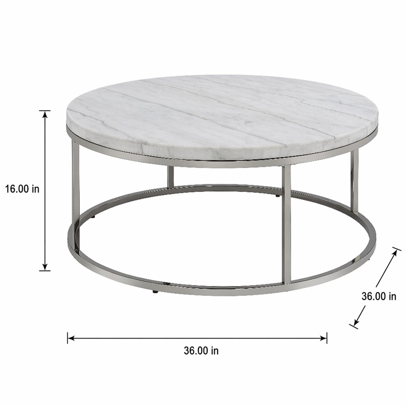Bowery Hill Round Metal Coffee Table with Marble Top in Nickel