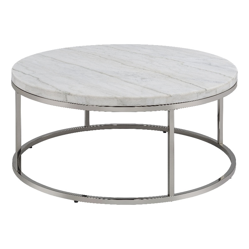 Bowery Hill Round Metal Coffee Table with Marble Top in Nickel