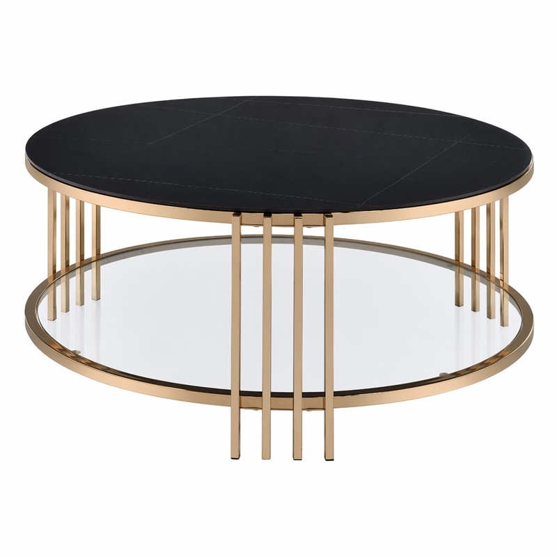 Bowery Hill Round Coffee Table with Stone Top and Metal Frame in Black/Gold
