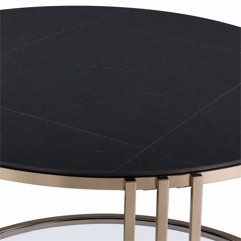 Bowery Hill Round Coffee Table with Stone Top and Metal Frame in Black/Gold