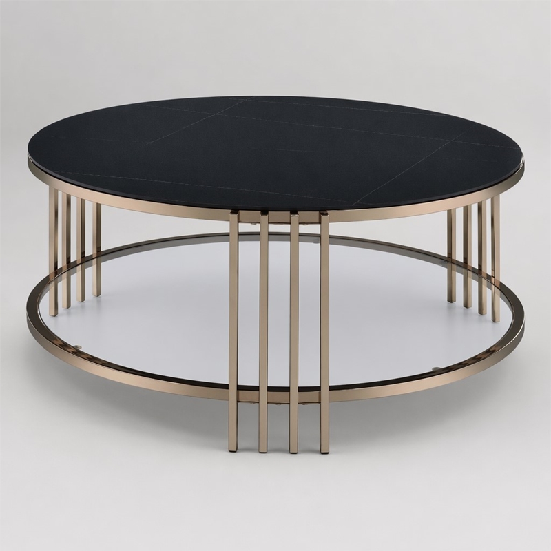 Bowery Hill Round Coffee Table with Stone Top and Metal Frame in Black/Gold