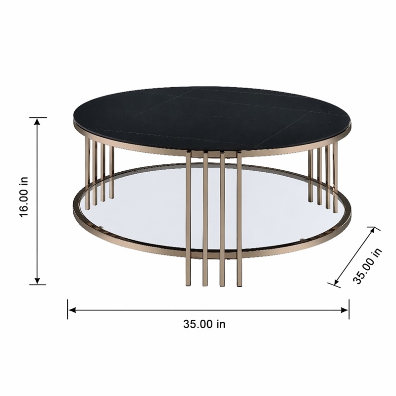 Bowery Hill Round Coffee Table with Stone Top and Metal Frame in Black/Gold
