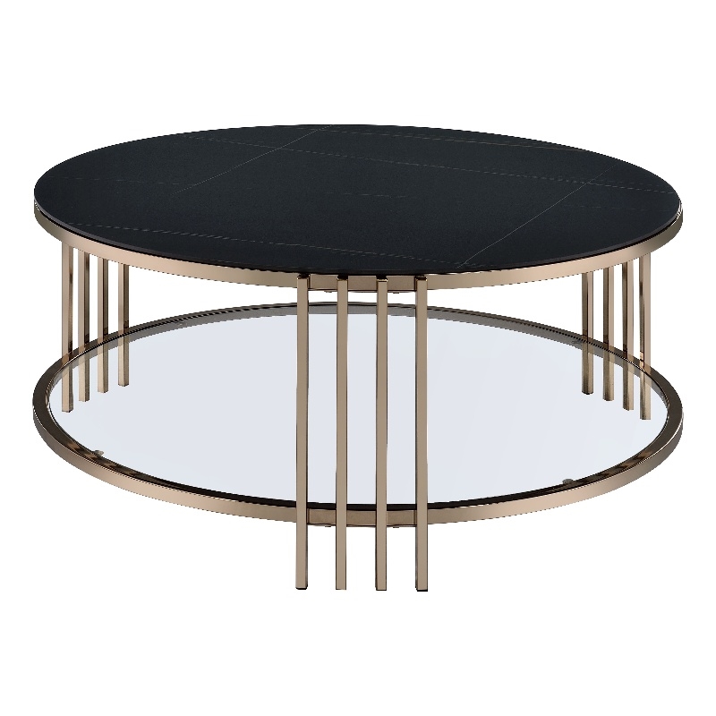 Bowery Hill Round Coffee Table with Stone Top and Metal Frame in Black/Gold