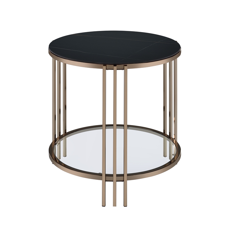 Bowery Hill Round End Table with Stone Top and Metal Frame in Black/Gold