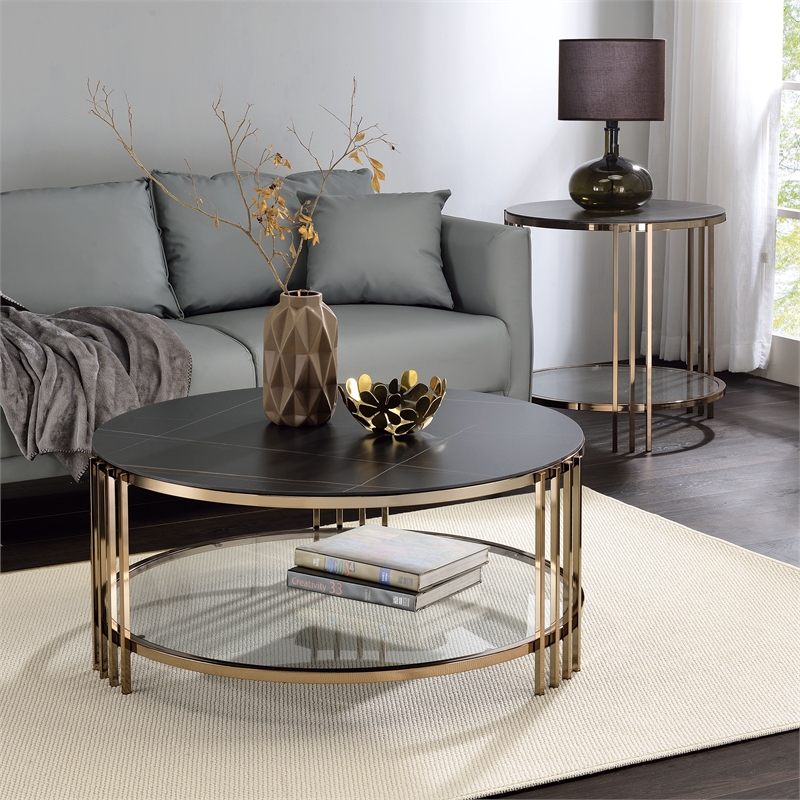 Bowery Hill Round End Table with Stone Top and Metal Frame in Black/Gold