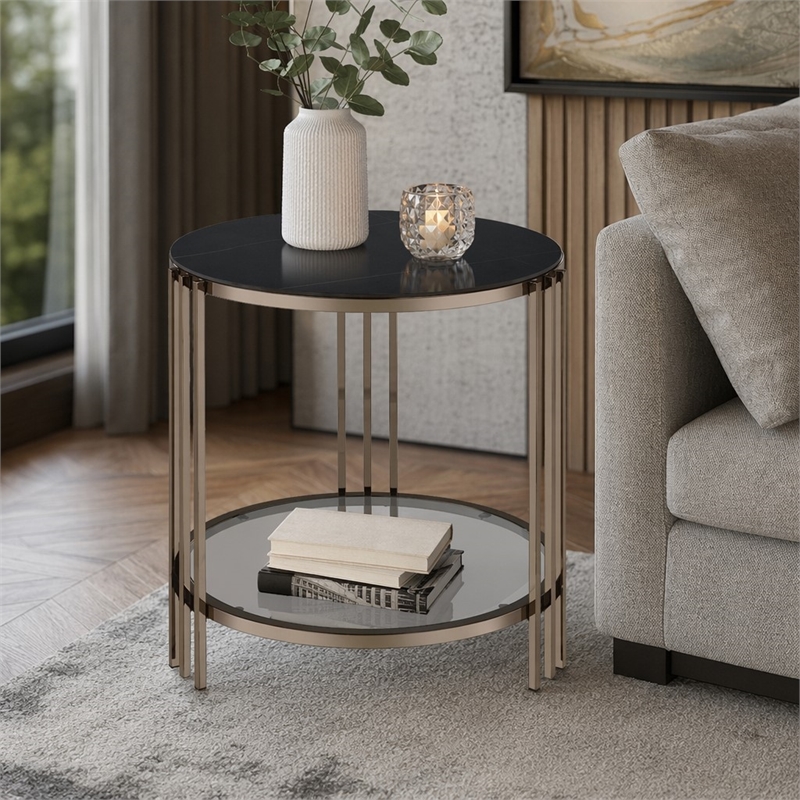 Bowery Hill Round End Table with Stone Top and Metal Frame in Black/Gold