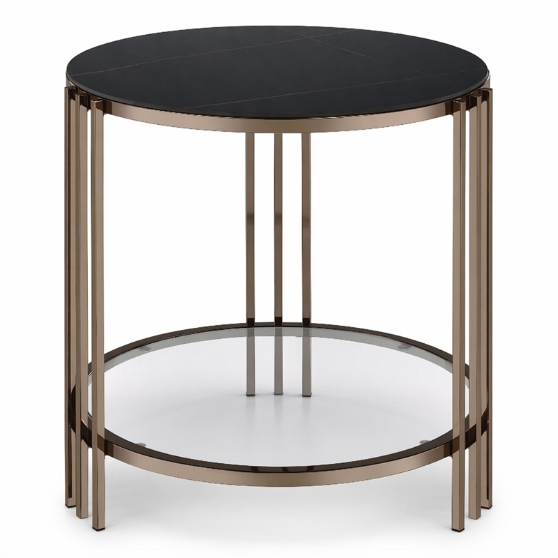 Bowery Hill Round End Table with Stone Top and Metal Frame in Black/Gold