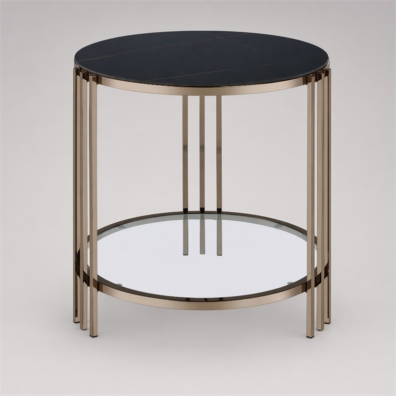 Bowery Hill Round End Table with Stone Top and Metal Frame in Black/Gold