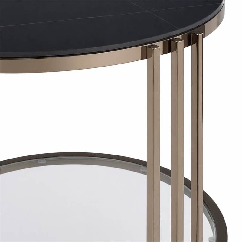 Bowery Hill Round End Table with Stone Top and Metal Frame in Black/Gold