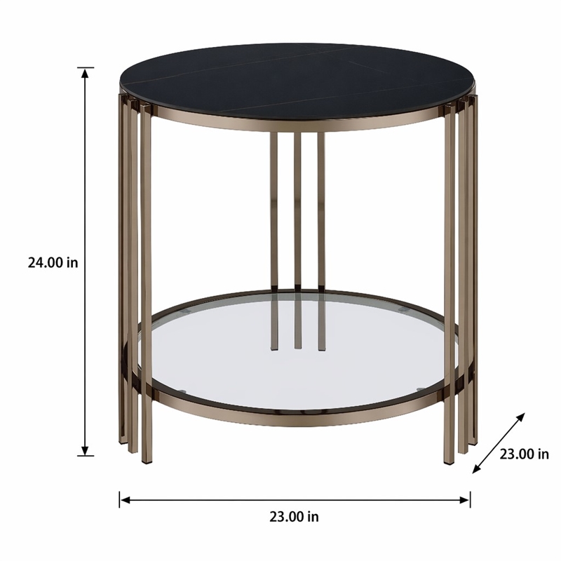 Bowery Hill Round End Table with Stone Top and Metal Frame in Black/Gold