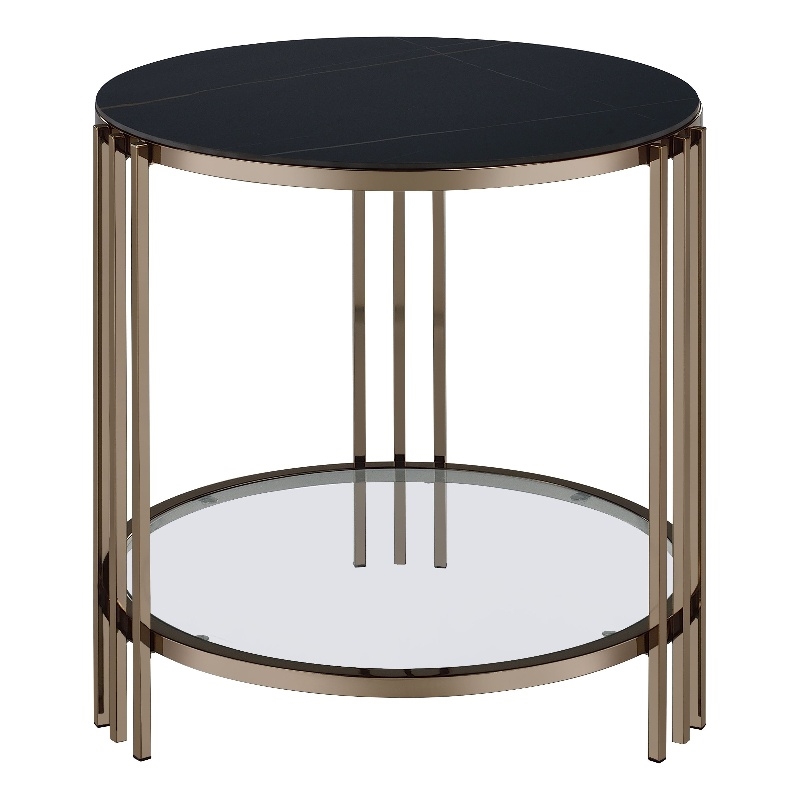 Bowery Hill Round End Table with Stone Top and Metal Frame in Black/Gold