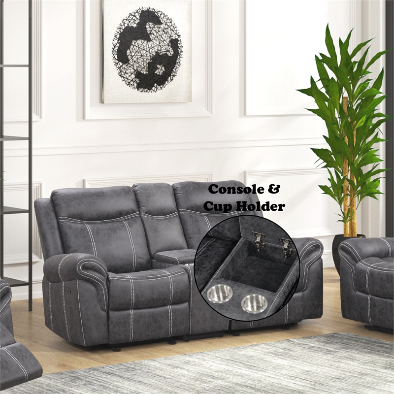 Bowery Hill Microfiber Upholstered Power Motion Loveseat with USB in Dark Gray