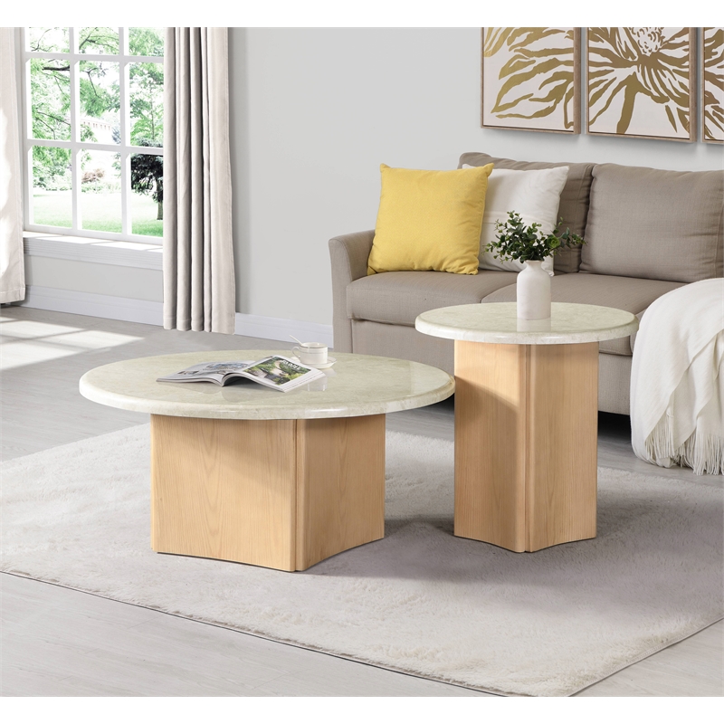 Bowery Hill Marble and Wood Round Coffee Table with Curved Base in Oak