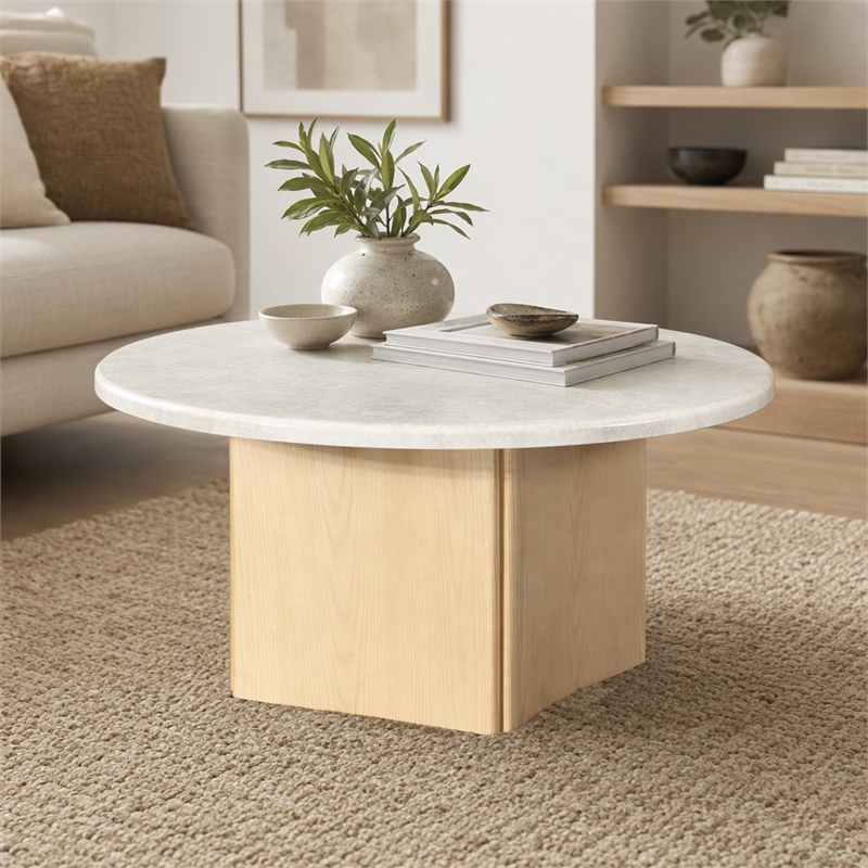 Bowery Hill Marble and Wood Round Coffee Table with Curved Base in Oak