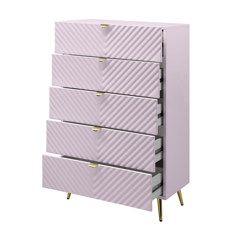 Bowery Hill Contemporary 5-Drawer Wood Chest in Pink High Gloss Finish