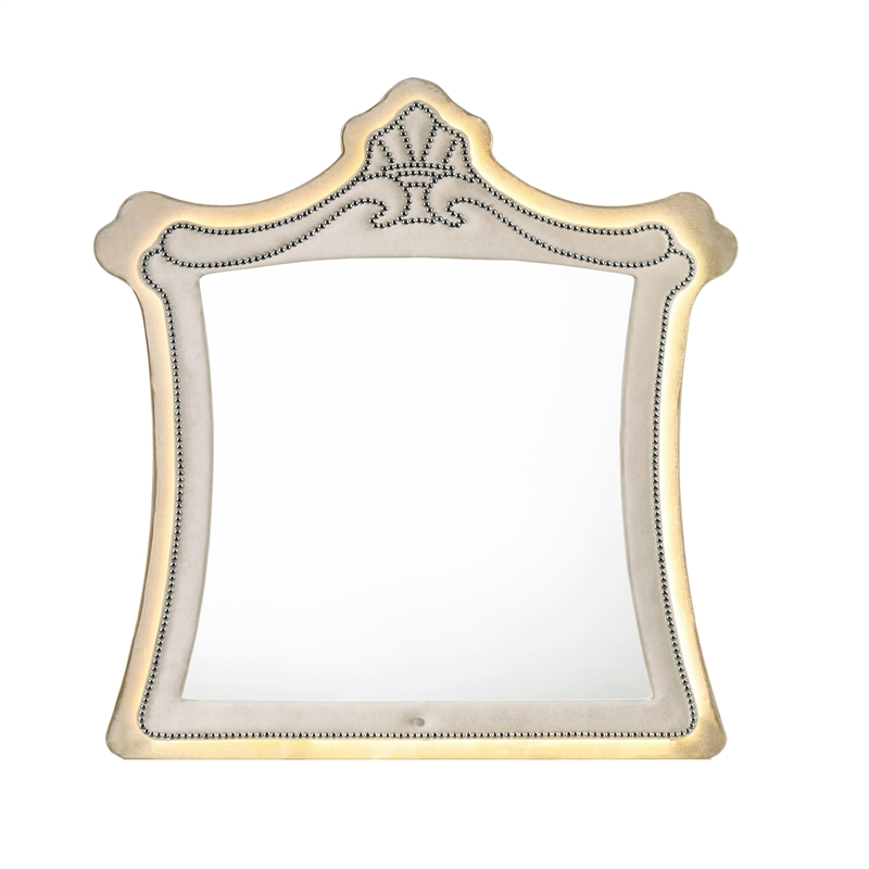 Bowery Hill Velvet Upholstered Wood Mirror with LED Lighting in Beige
