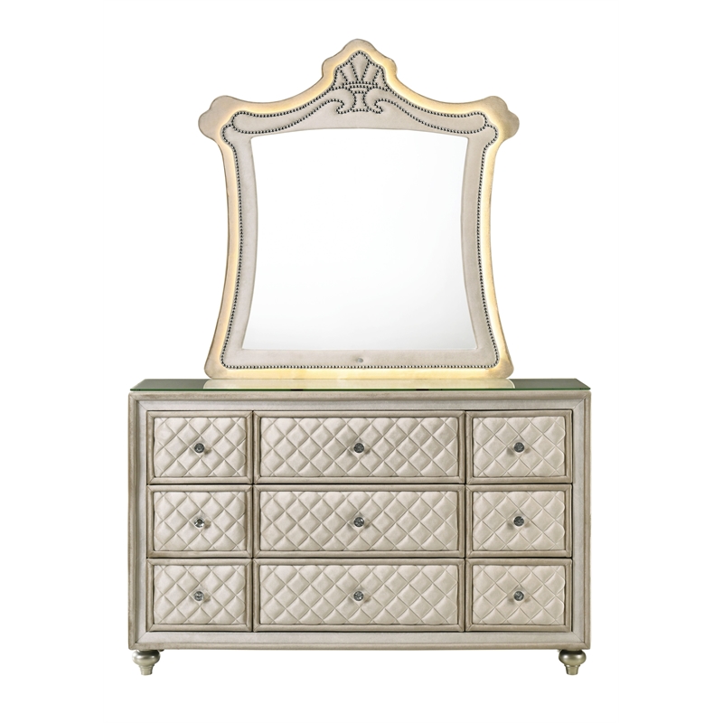 Bowery Hill Velvet Upholstered Wood Mirror with LED Lighting in Beige