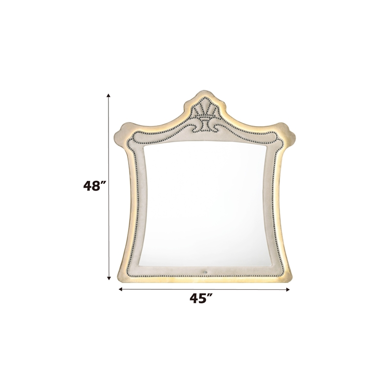 Bowery Hill Velvet Upholstered Wood Mirror with LED Lighting in Beige