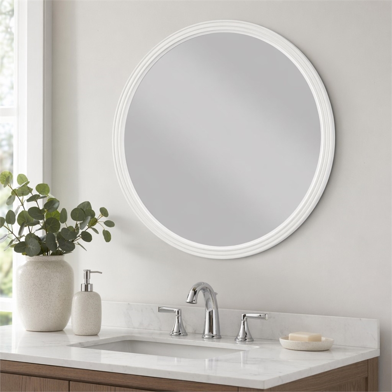 Bowery Hill Round Mirror with White Frame and Brown Walnut Veneers