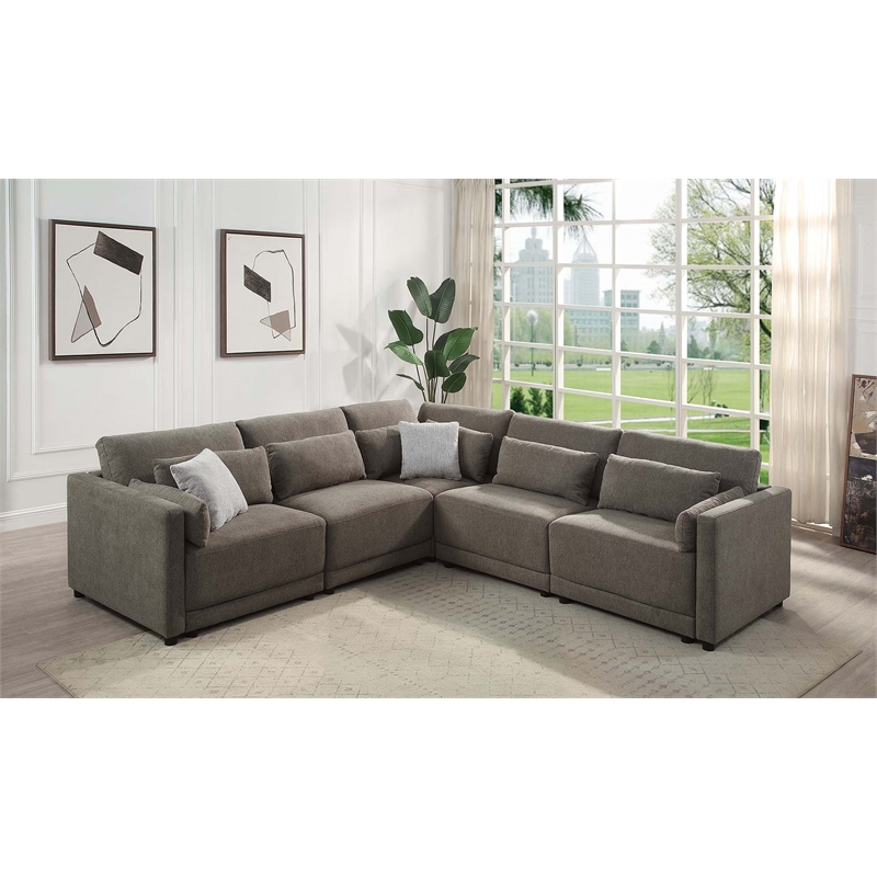 Bowery Hill Gray Linen Modular Wedge with Wooden Frame and Loose Cushions