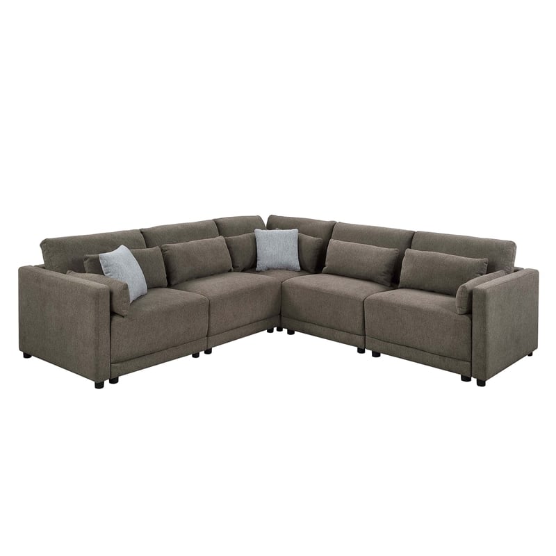 Bowery Hill Gray Linen Modular Wedge with Wooden Frame and Loose Cushions