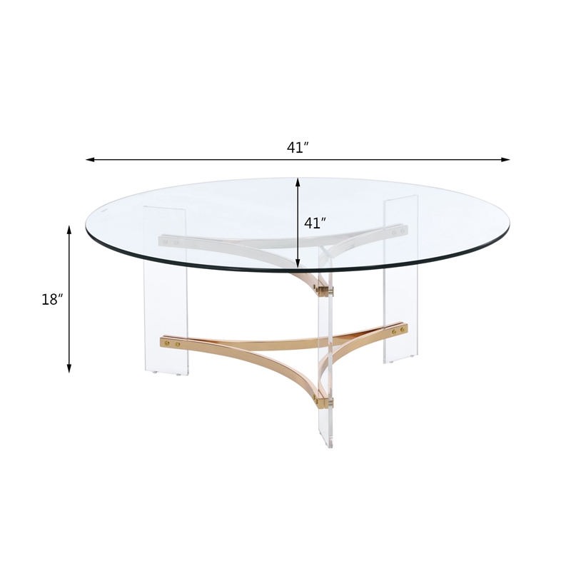Bowery Hill Round Glass Coffee Table with Acrylic Legs in Gold and Clear