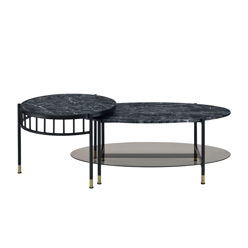 Bowery Hill Silas 2-Piece Nesting Coffee Table in Black Faux Marble