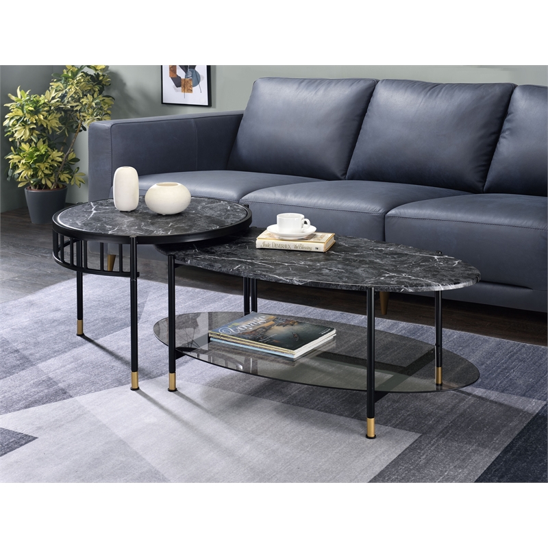 Bowery Hill Silas 2-Piece Nesting Coffee Table in Black Faux Marble