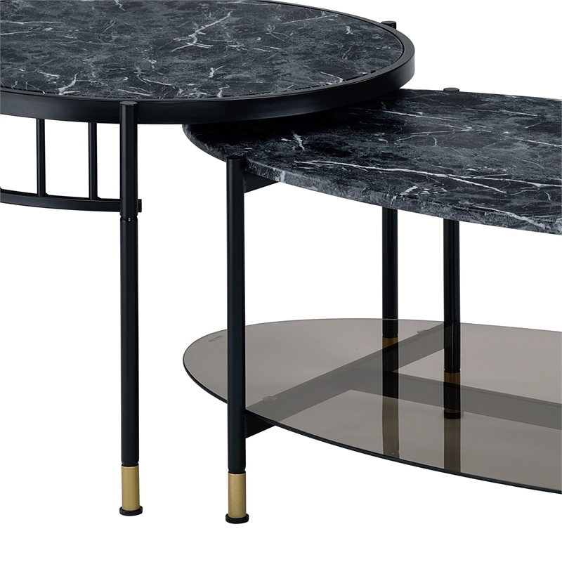 Bowery Hill Silas 2-Piece Nesting Coffee Table in Black Faux Marble