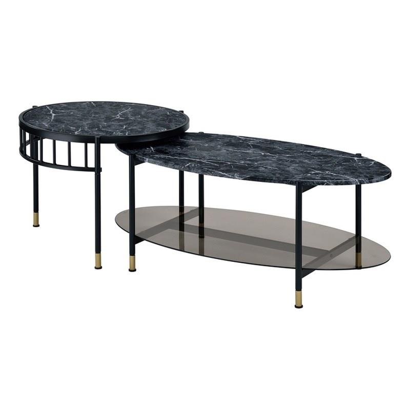 Bowery Hill Silas 2-Piece Nesting Coffee Table in Black Faux Marble