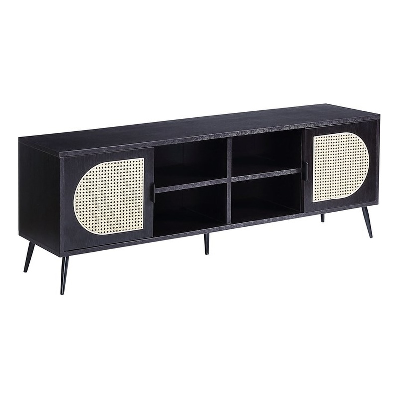 Bowery Hill Colson Black Wooden TV Stand with Rattan Cabinet Doors