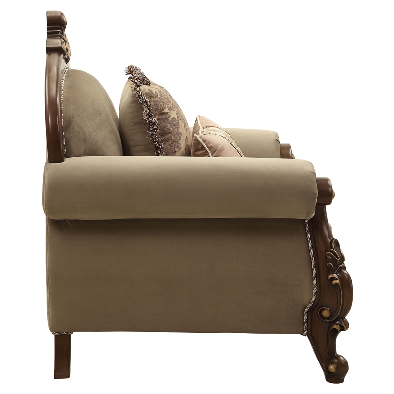 Bowery Hill Mehadi Rolled Arm Chair with 2 Pillows in Walnut Finish